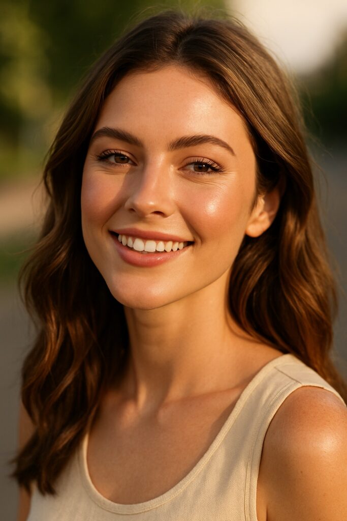 Woman with glowing skin and natural makeup achieving Hollywood look without surgery