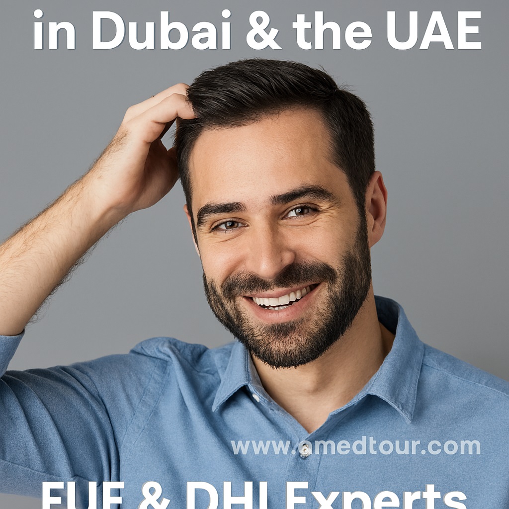 Smiling man with thick hair showcasing results of a successful hair transplant, promoting affordable FUE & DHI procedures in Dubai and the UAE.