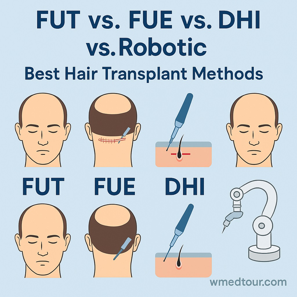 Infographic comparing FUT, FUE, DHI, and Robotic hair transplant methods with illustrations and wmedtour.com watermark