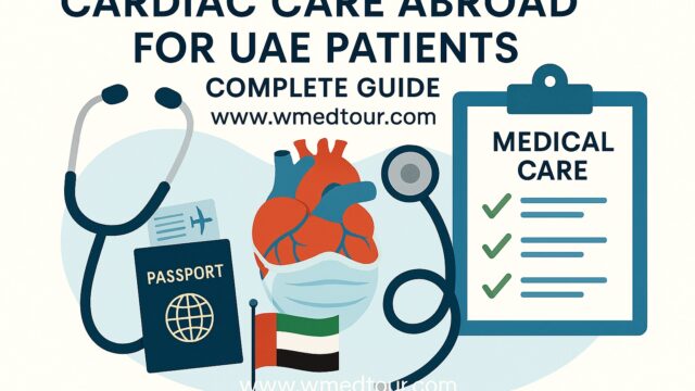 Illustration of heart scan, UAE flag, passport, and medical checklist symbolizing international cardiac care for UAE patients.