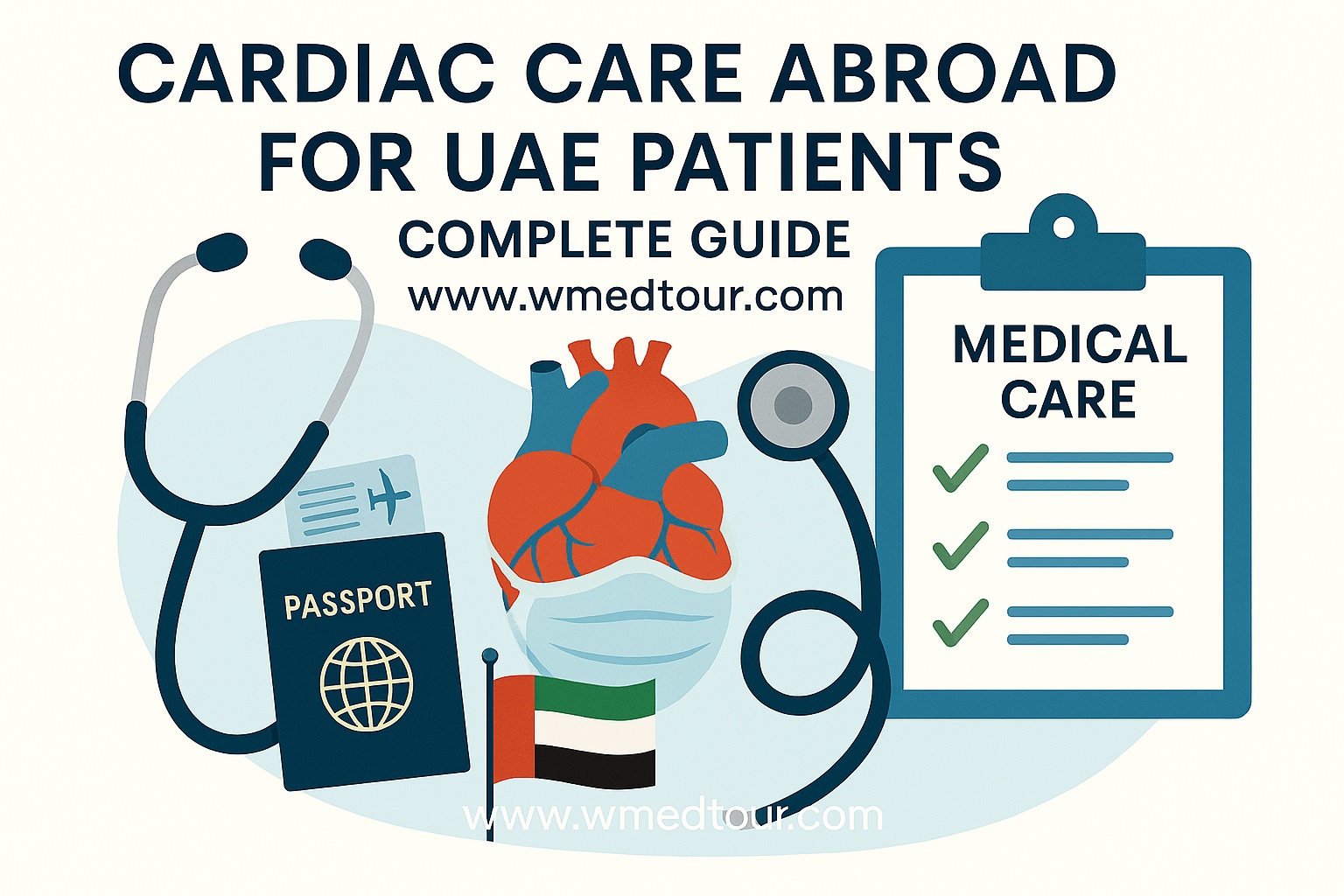 Illustration of heart scan, UAE flag, passport, and medical checklist symbolizing international cardiac care for UAE patients.
