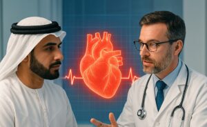 Cardiologist consulting with a UAE patient in traditional attire, discussing heart health over a holographic heart and ECG screen in a modern medical office.