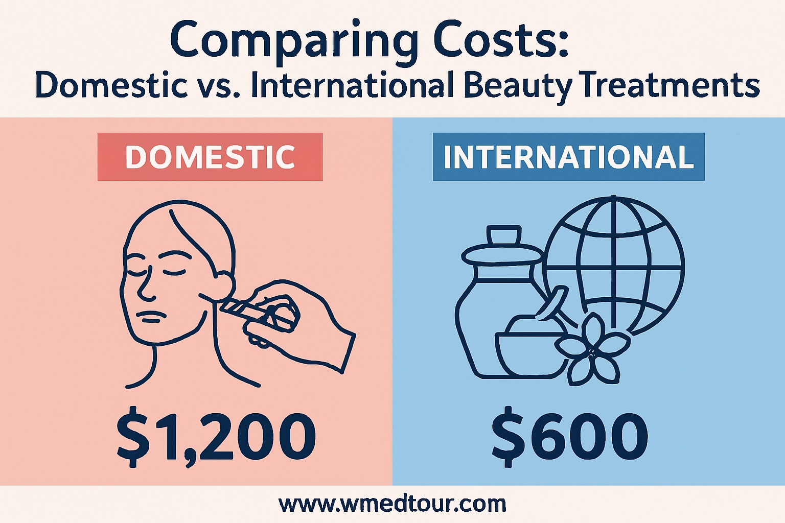 Illustration comparing the cost of domestic and international beauty treatments, showing a syringe and facial profile on one side and a globe with spa items on the other.