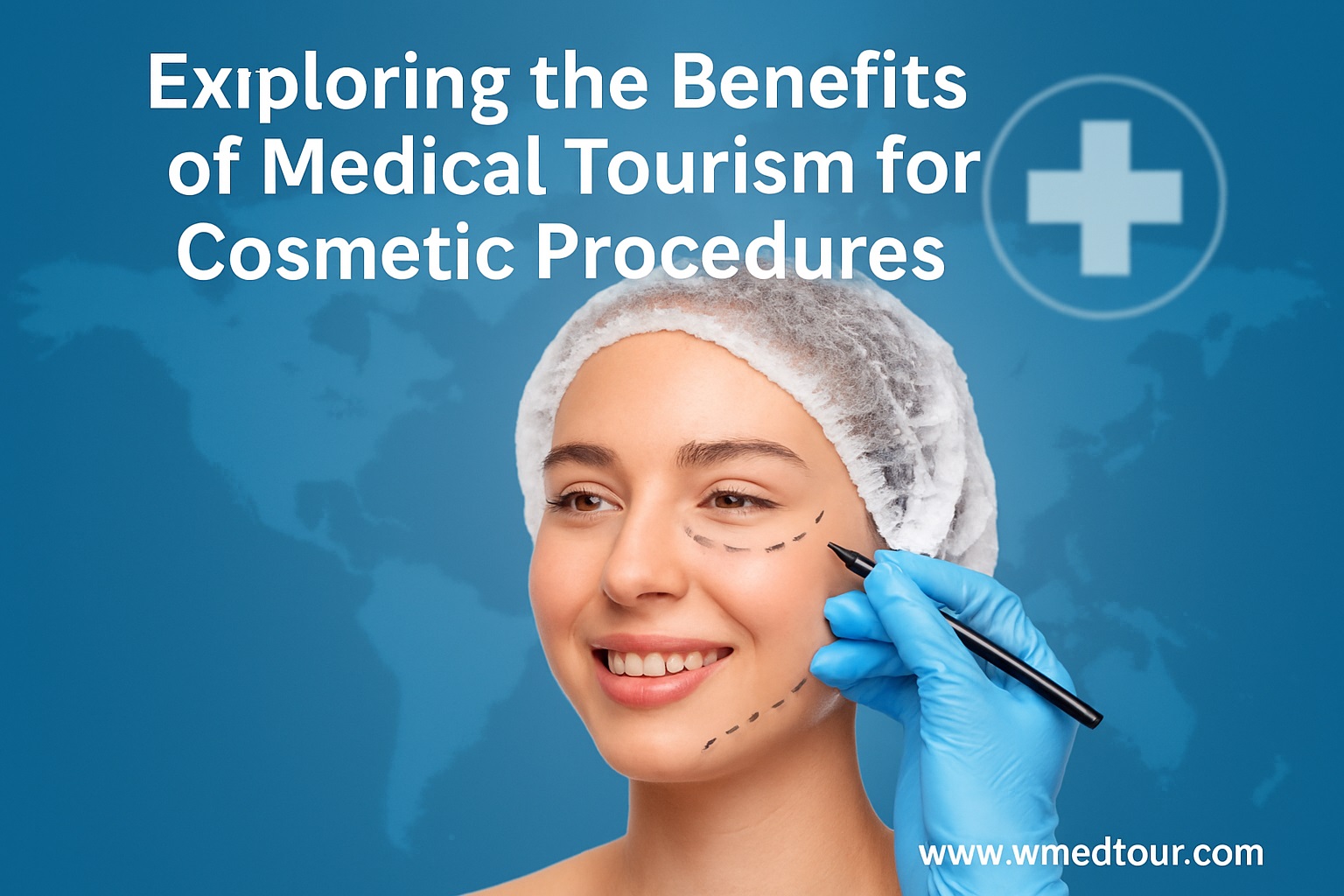 A woman receiving cosmetic markings from a gloved surgeon, symbolizing medical tourism for aesthetic treatments, with a world map in the background.