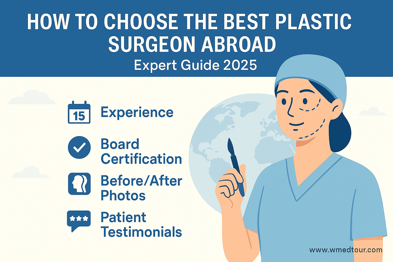 Illustration of a female plastic surgeon with marked facial zones, holding a scalpel, alongside key criteria like experience, board certification, before/after photos, and patient testimonials—ideal for international patients seeking expert cosmetic care.