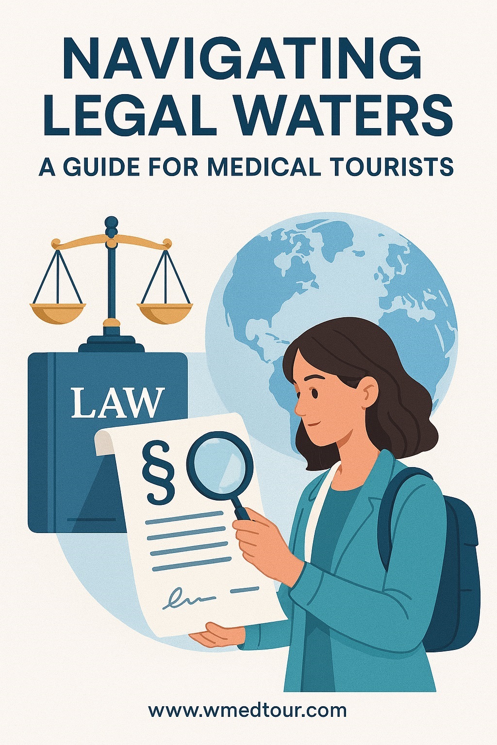 Illustration of a medical tourist examining legal documents with symbols of law and medicine, representing legal guidance for international healthcare travelers.