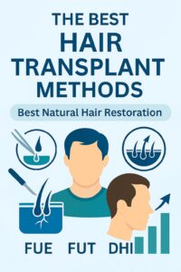 Infographic comparing FUE, FUT, and DHI hair transplant methods with labeled tools and scalp profile illustration.