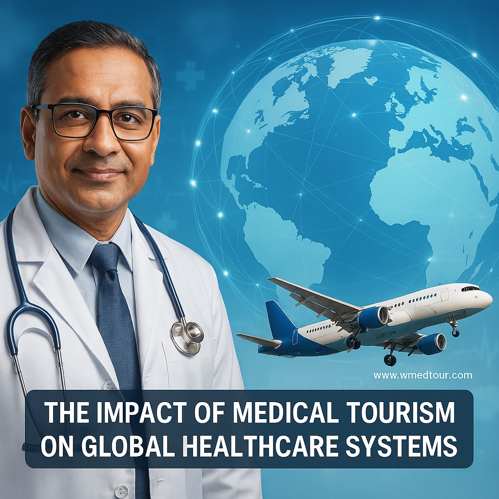 Illustration of a doctor, globe, and airplane symbolizing international medical travel and global healthcare connections