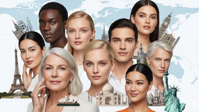 A collage of diverse individuals with subtle cosmetic enhancements, superimposed on a global map, representing a guide to affordable cosmetic surgery worldwide.