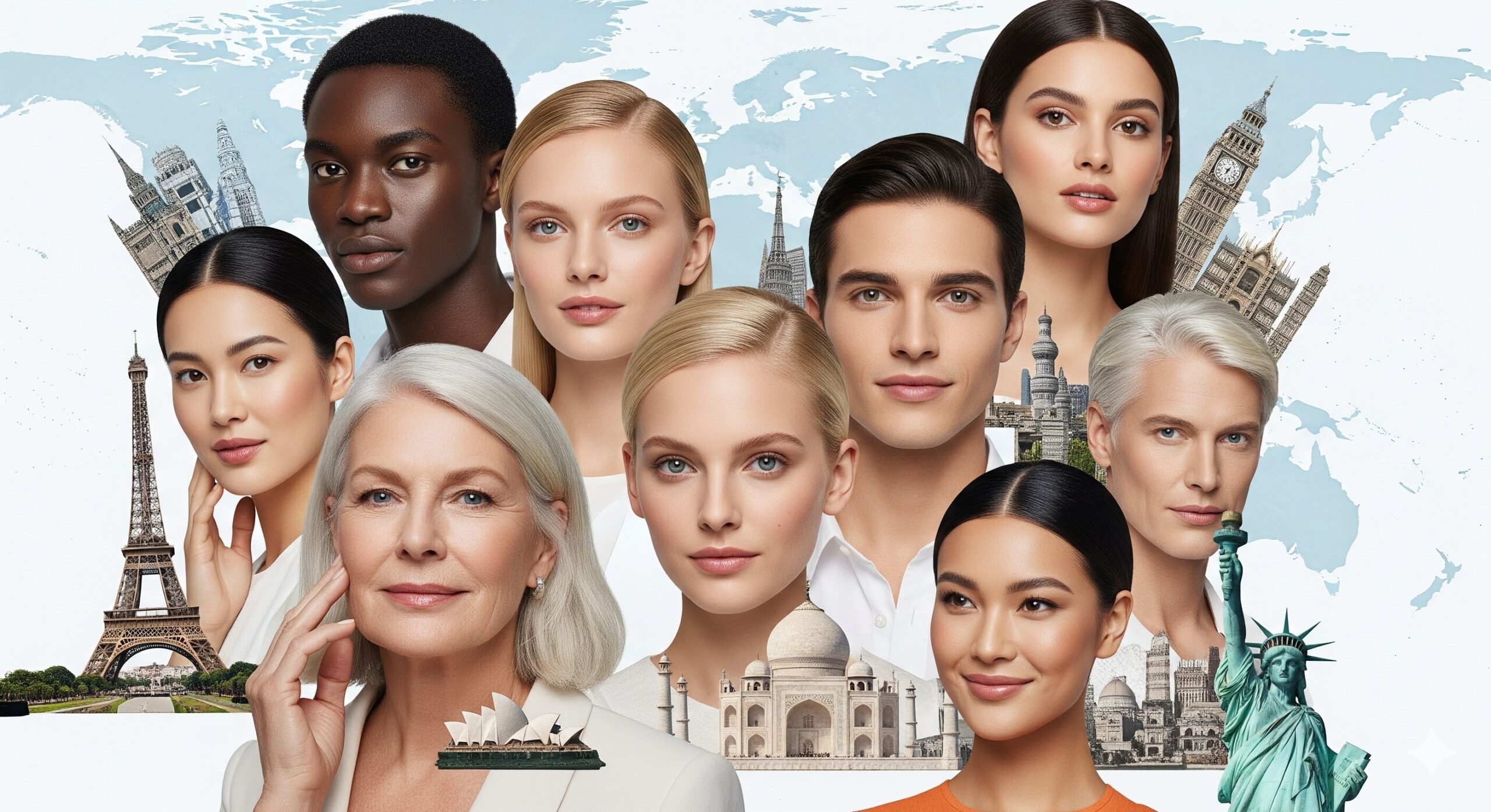 A collage of diverse individuals with subtle cosmetic enhancements, superimposed on a global map, representing a guide to affordable cosmetic surgery worldwide.