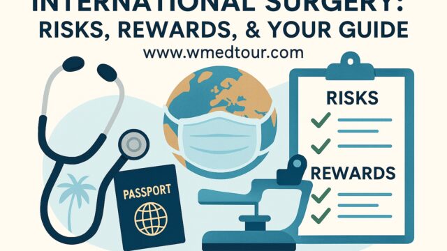 Illustration of a globe wearing a surgical mask, surrounded by passport, stethoscope, and checklist highlighting risks and rewards of international surgery.