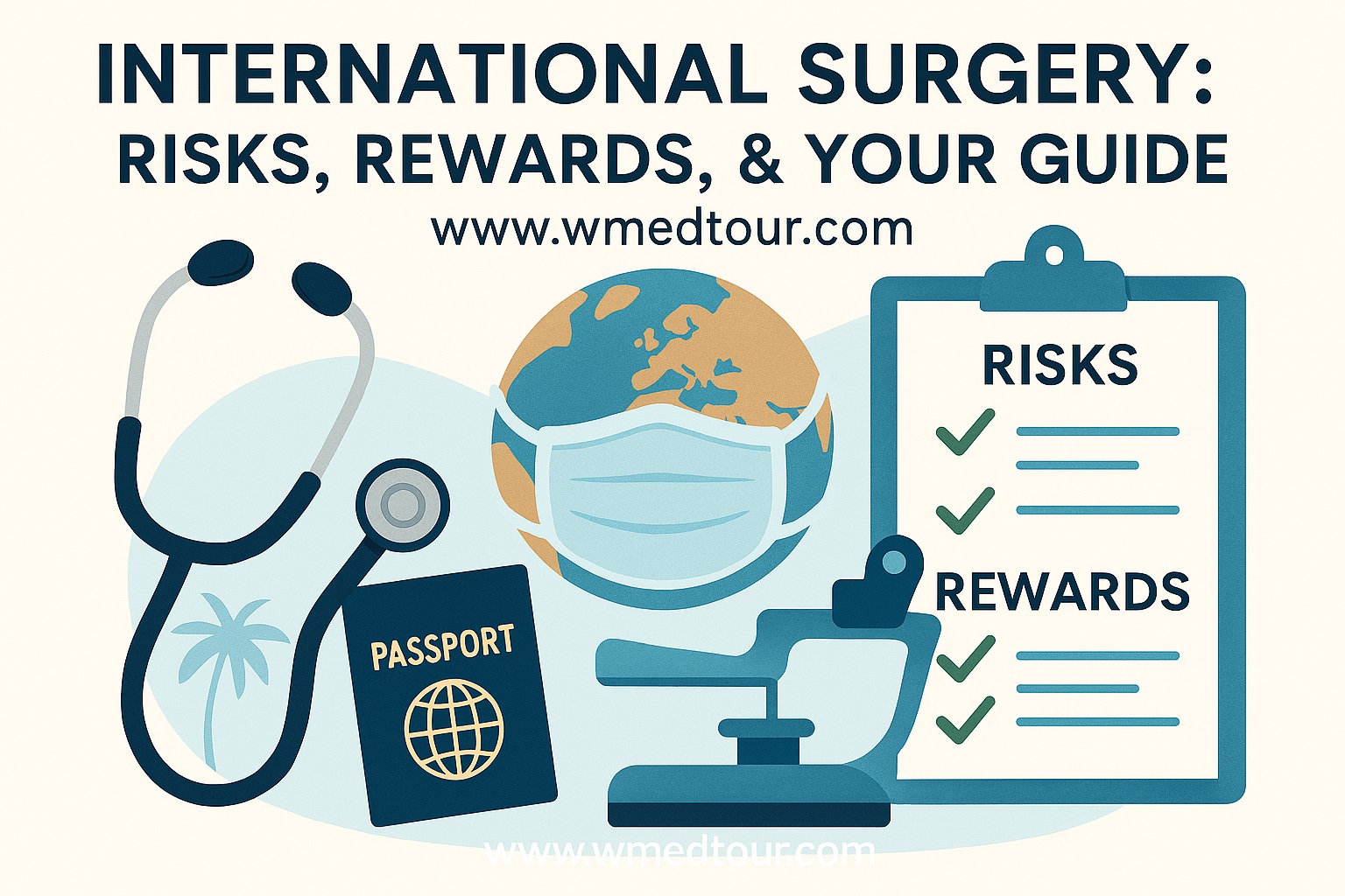 Illustration of a globe wearing a surgical mask, surrounded by passport, stethoscope, and checklist highlighting risks and rewards of international surgery.