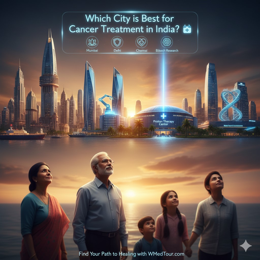 A professional medical infographic or visualization showing a patient evaluating cancer treatment options and costs in different Indian cities for 2026.