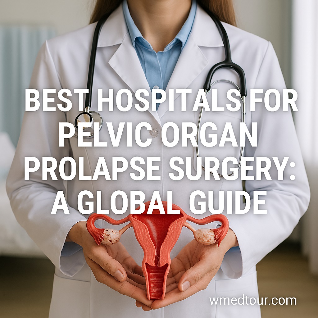 Female doctor holding a red anatomical pelvic model, representing global excellence in pelvic organ prolapse surgery