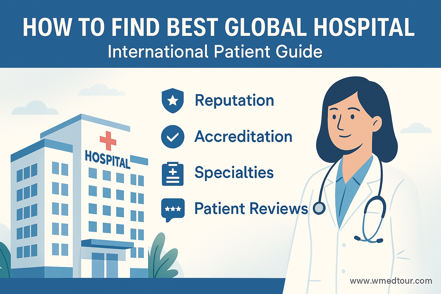Illustration of a modern hospital with international flags, a female doctor, and key criteria for choosing global hospitals—ideal for international patients seeking trusted care.