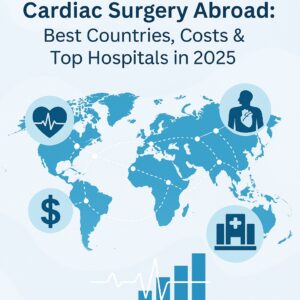Informational graphic titled 'Cardiac Surgery Abroad: Best Countries, Costs & Top Hospitals in 2025' featuring a world map with medical icons, travel routes, and a cost comparison chart.