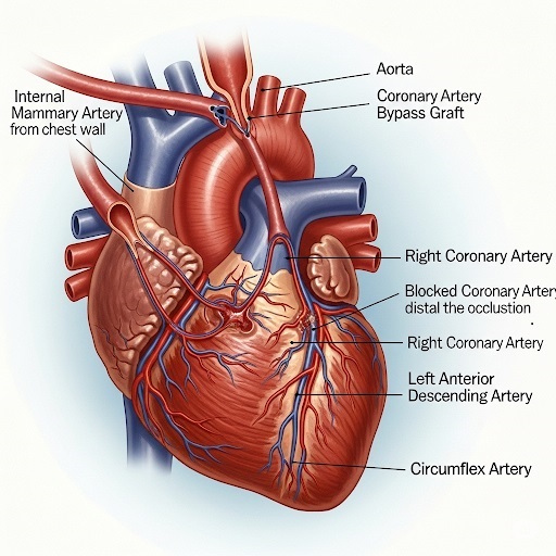 Medical illustration of coronary artery bypass graft (CABG) surgery showing heart anatomy and bypass procedure