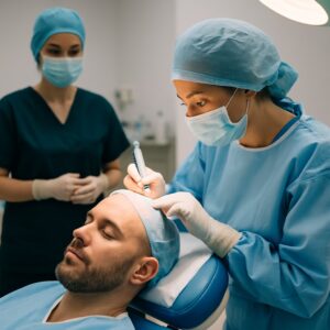 Patient undergoing Direct Hair Implantation (DHI) in a medical tourism clinic