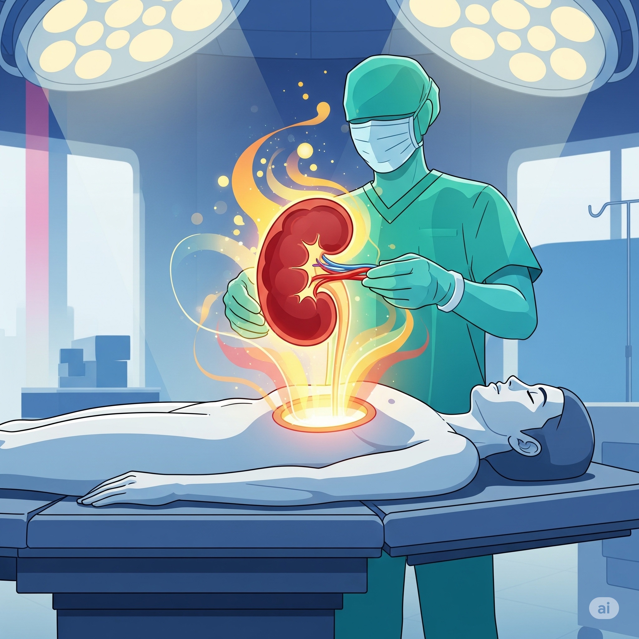 stylized illustration of a kidney transplant surgery, showing a glowing kidney being placed into a patient, symbolizing hope and new beginnings