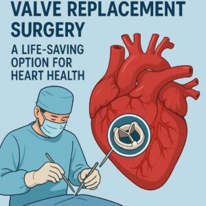 Illustration of valve replacement surgery showing a human heart, a surgeon performing the procedure, and a close-up of a mechanical heart valve implant, with bold text reading 'Valve Replacement Surgery: A Life-Saving Option for Heart Health'