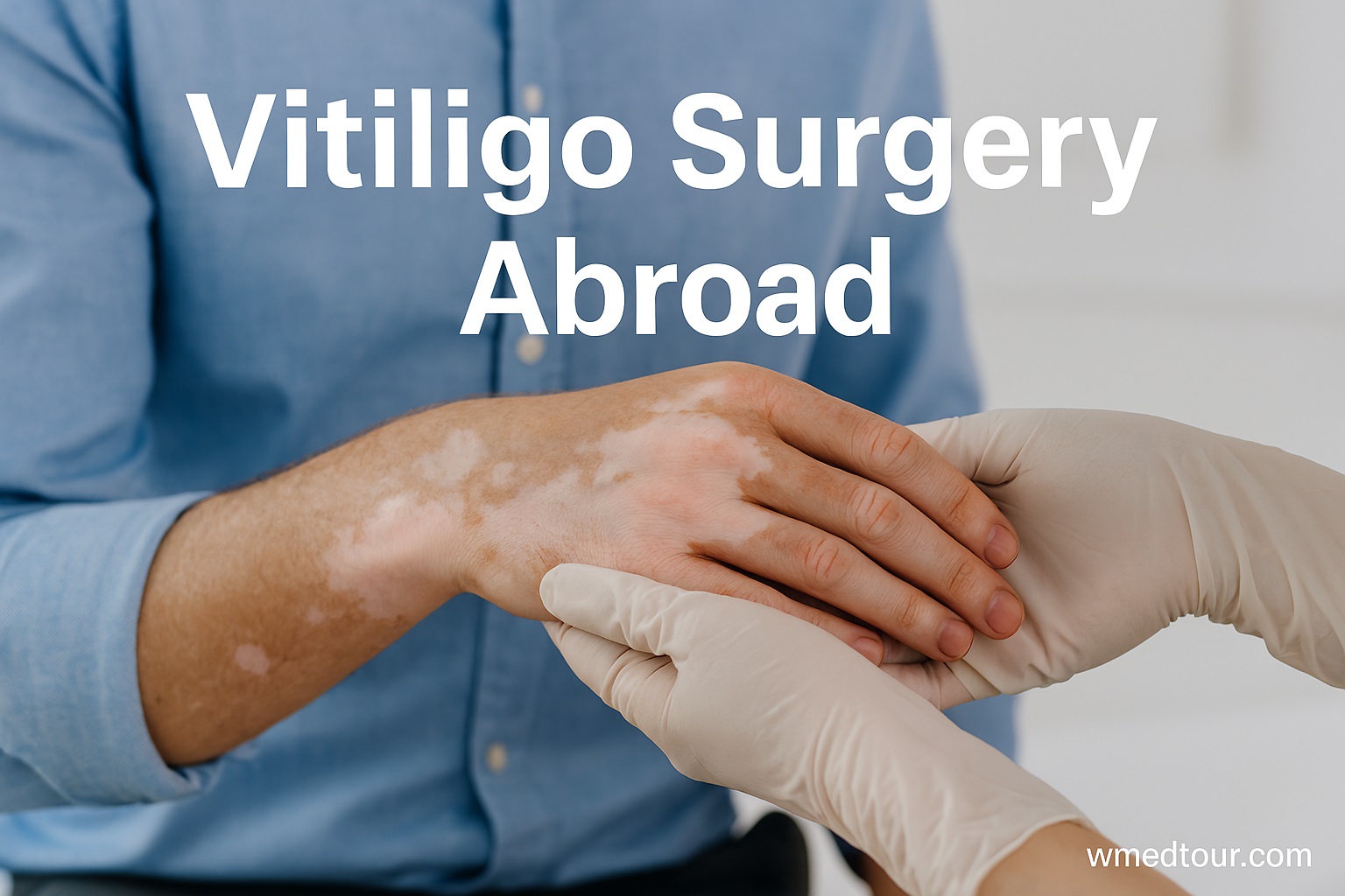 Vitiligo Surgery Abroad illustration showing repigmentation target areas on a forearm with subtle watermark