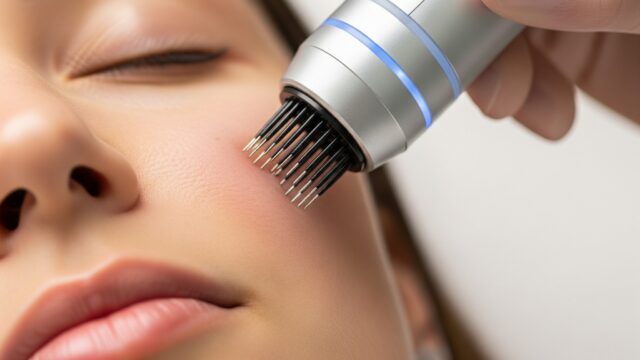 A close-up, high-angle shot of a hand holding a professional microneedling device, gently pressing it onto a patient's cheek during an RF Microneedling procedure.