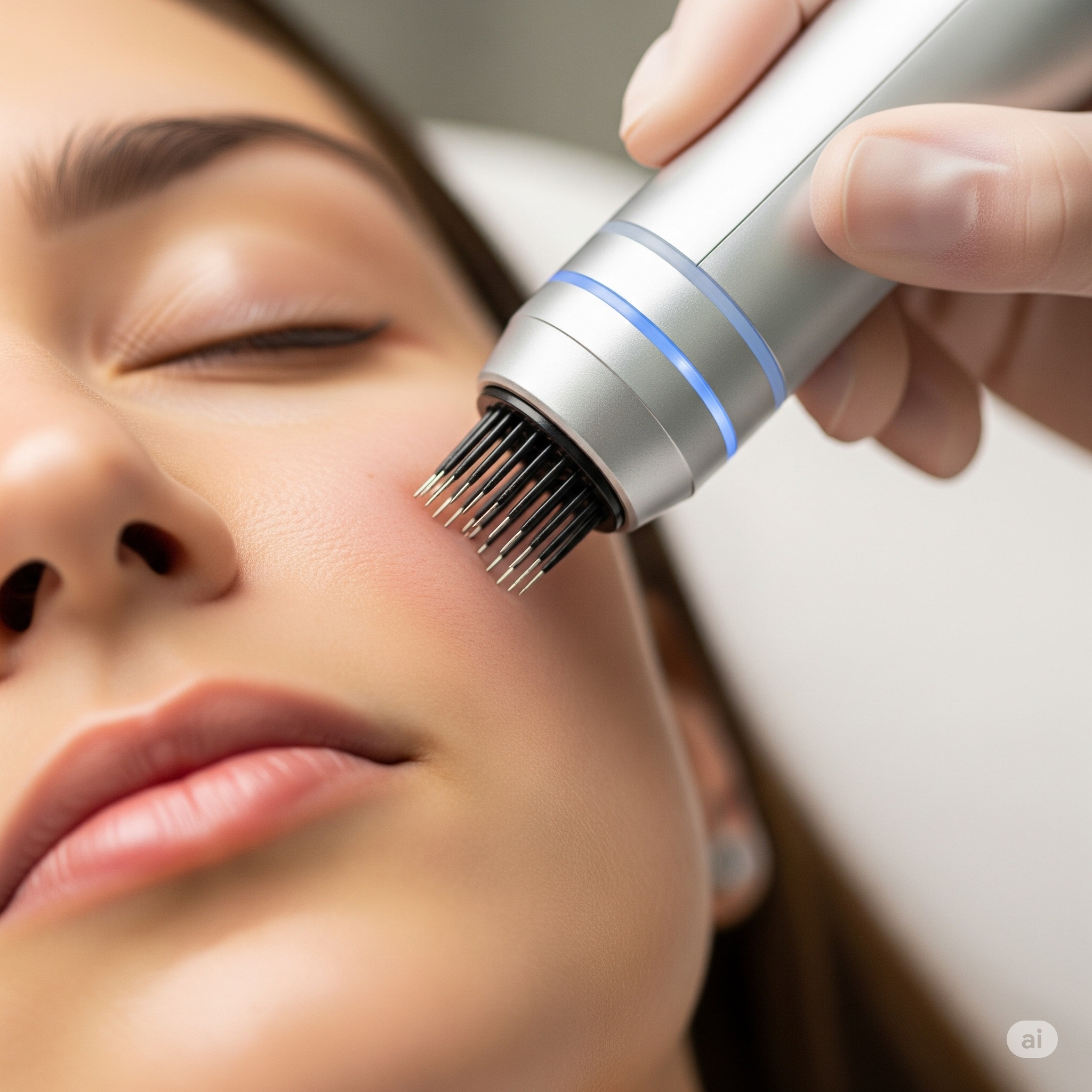 A close-up, high-angle shot of a hand holding a professional microneedling device, gently pressing it onto a patient's cheek during an RF Microneedling procedure.