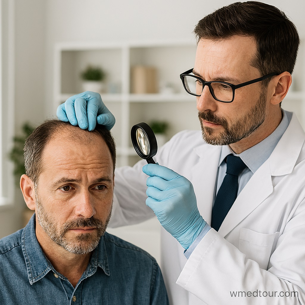 Doctor examining a patient’s scalp to evaluate hair transplant candidacy