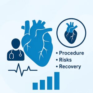 Stylized blue vector illustration of the human heart with a detailed inset of the aortic arch and a healthcare icon, set against a light blue background.