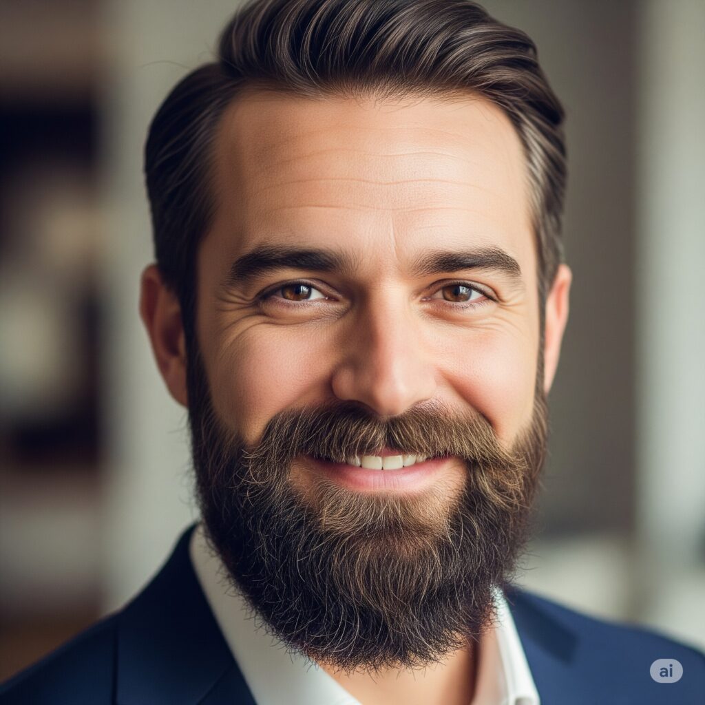 A man with a full, natural-looking beard after a beard transplant procedure.