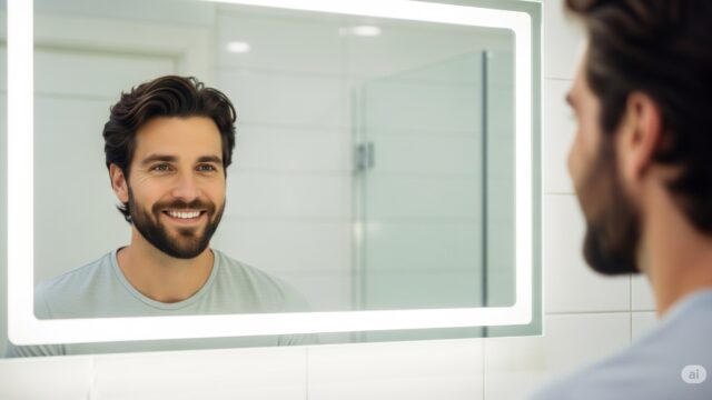 Best Age for a Hair Transplant A thoughtful man in his 30s considers the best age for a hair transplant while looking at his reflection.