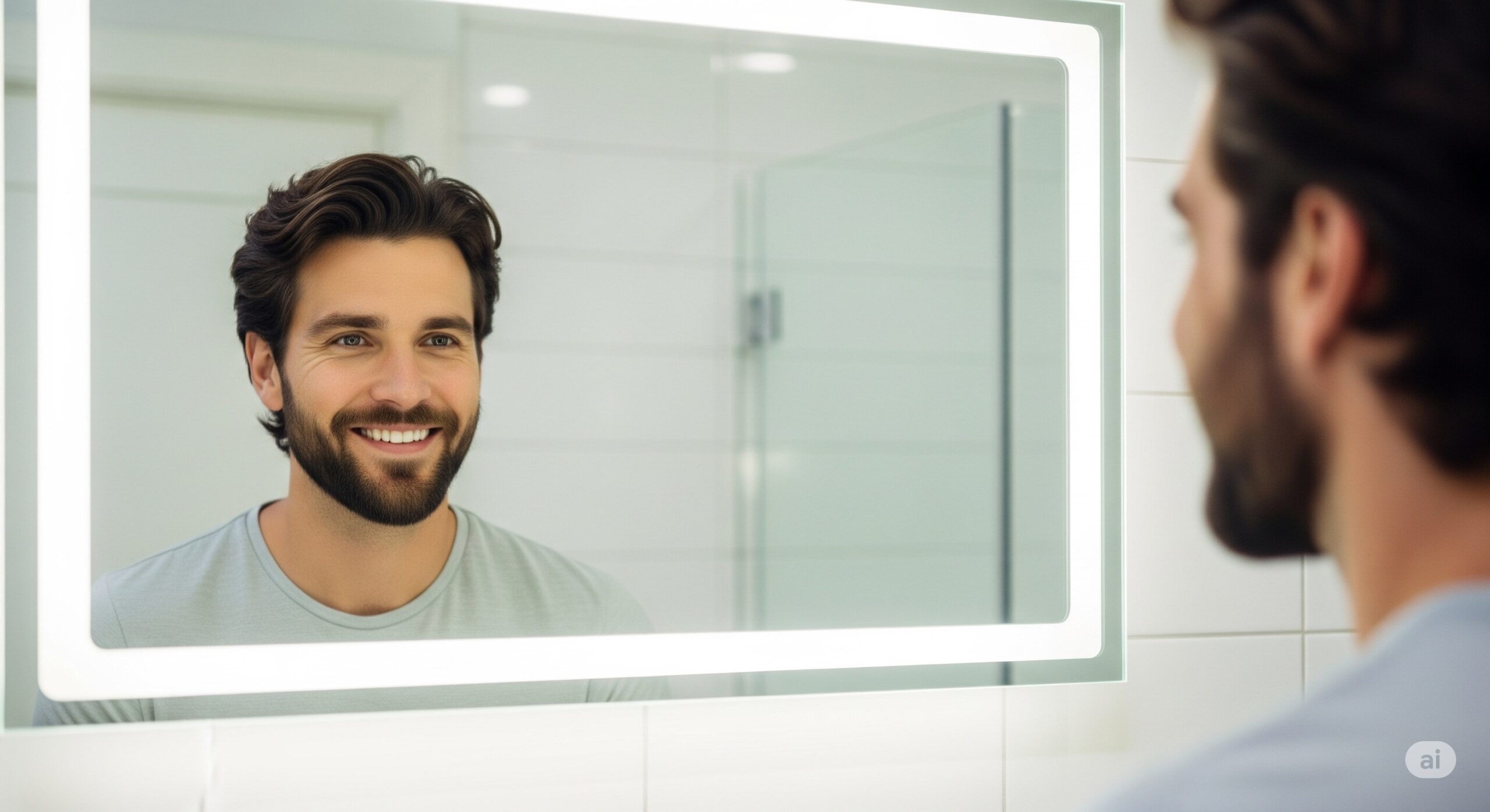 A thoughtful man in his 30s considers the best age for a hair transplant while looking at his reflection.