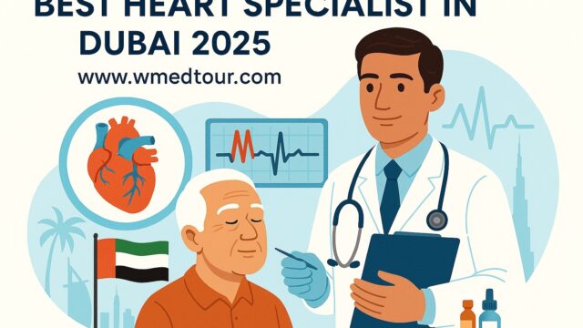 Male cardiologist in Dubai hospital setting with heart scan and skyline elements representing top cardiac care in 2025.
