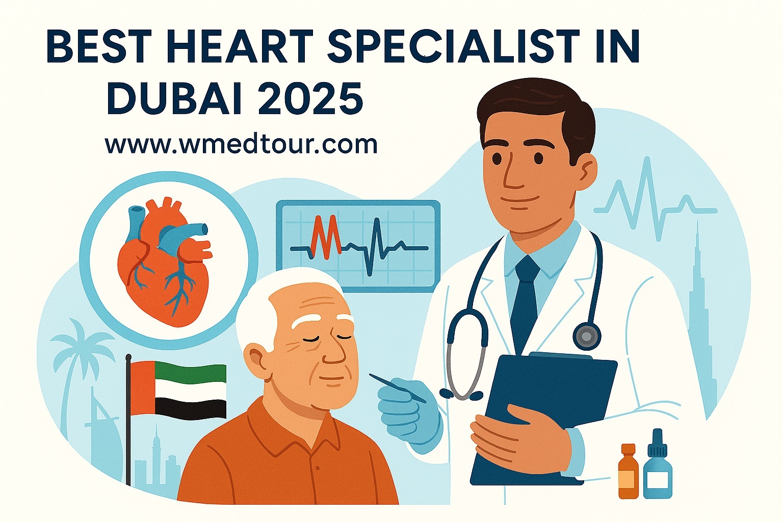 Male cardiologist in Dubai hospital setting with heart scan and skyline elements representing top cardiac care in 2025.
