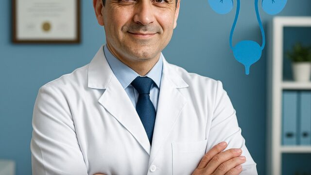 Middle-aged male urologist in Tehran wearing a white lab coat, standing confidently in a medical office with urinary system illustration