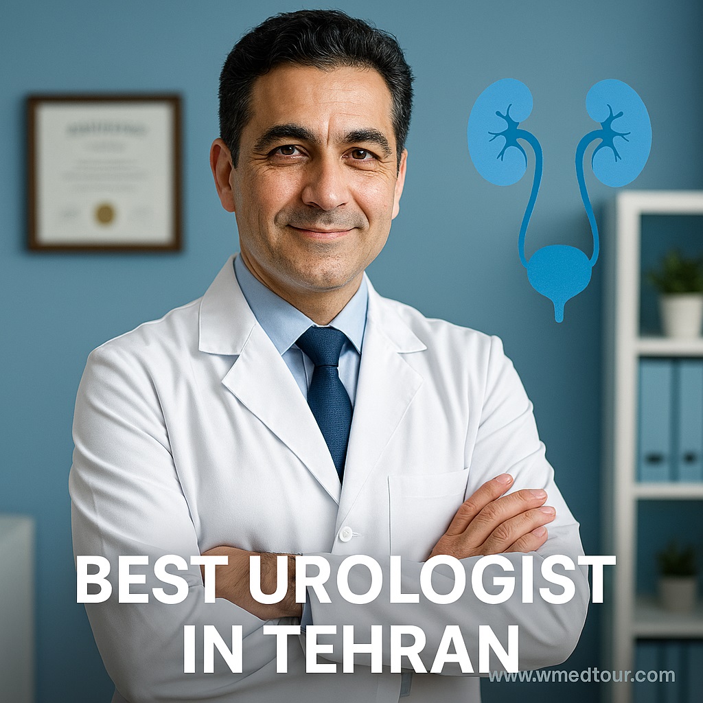 Middle-aged male urologist in Tehran wearing a white lab coat, standing confidently in a medical office with urinary system illustration
