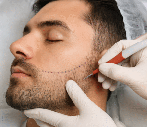 Beard transplant procedure showing follicle implantation on a patient’s face, highlighting precision and cosmetic enhancement.