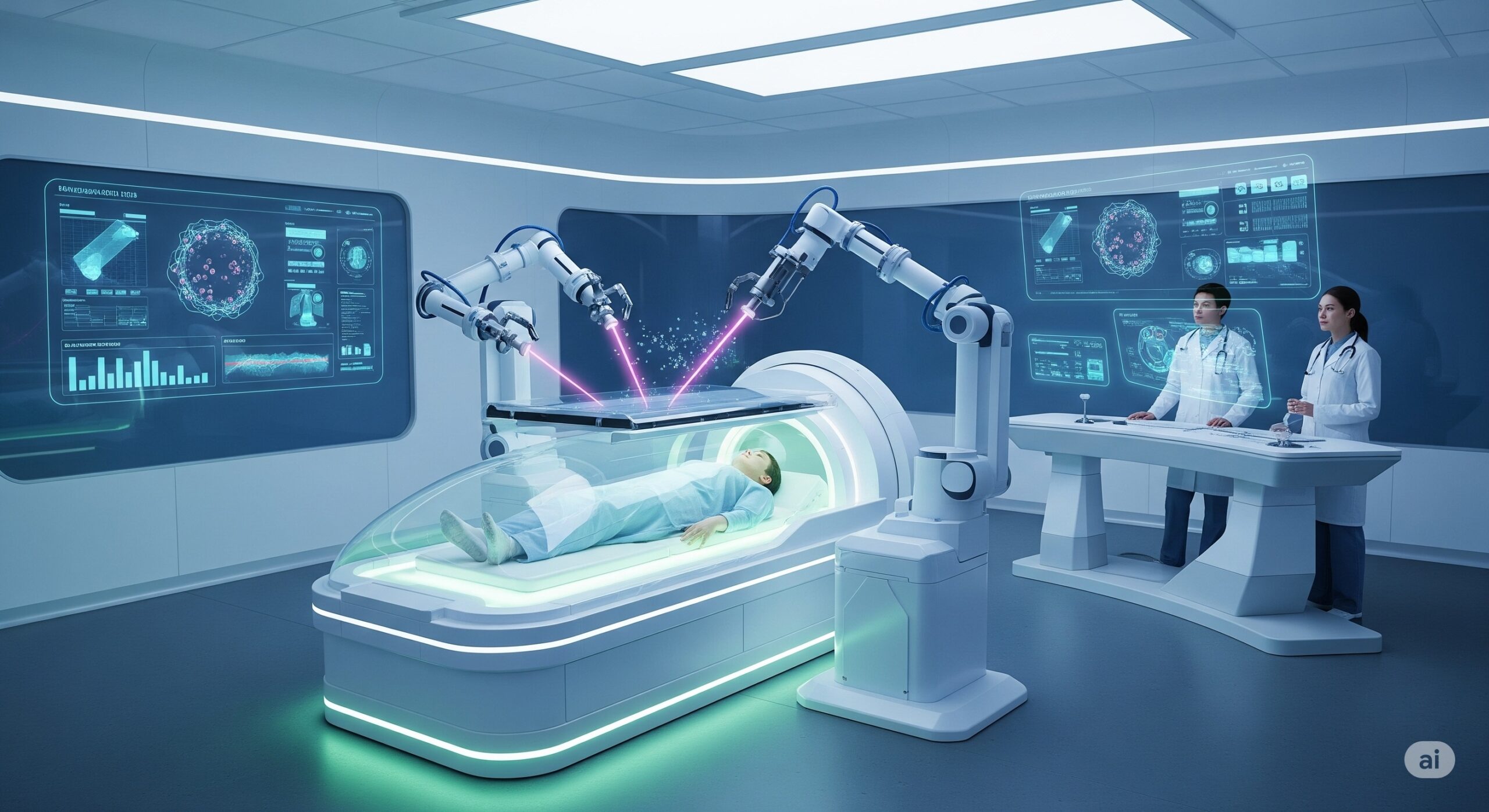 A futuristic medical bay with a patient undergoing advanced cancer treatment inside a transparent pod, monitored by medical professionals using holographic displays.