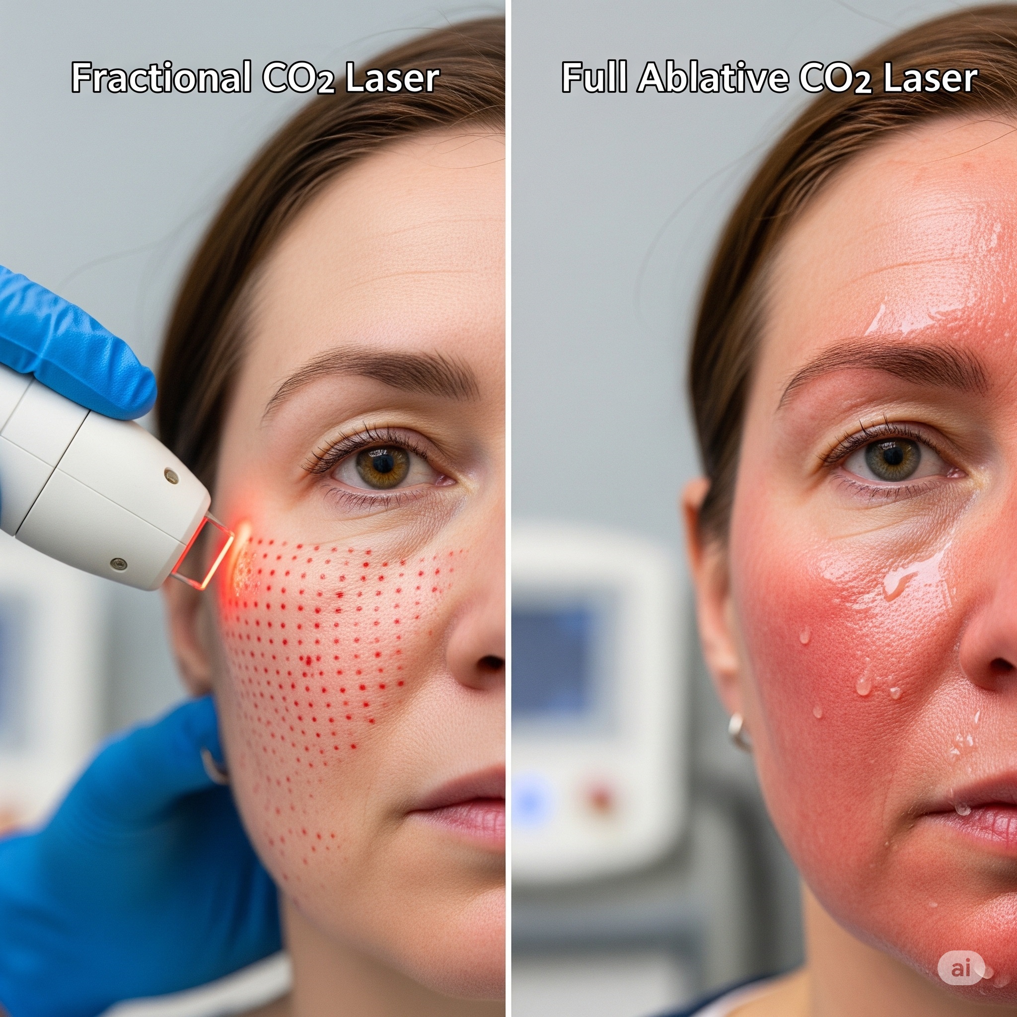 A close-up, high-quality, professional photograph of a person's face after CO2 laser resurfacing, showing smooth, glowing skin with no visible wrinkles or scars.