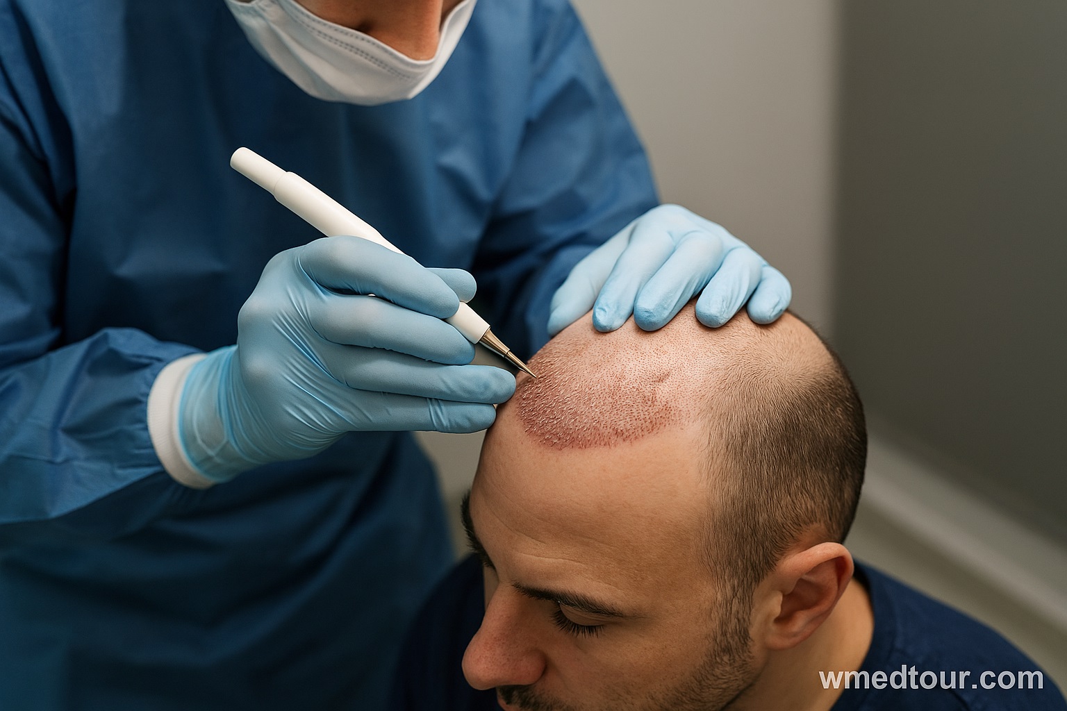Surgeon performing DHI hair transplant using Choi implanter pen on a male patient’s scalp, with visible follicle implantation and ‘wmedtour.com’ watermark