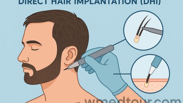 Illustration of Direct Hair Implantation (DHI) procedure showing implanter pen inserting hair follicles into a male patient's scalp