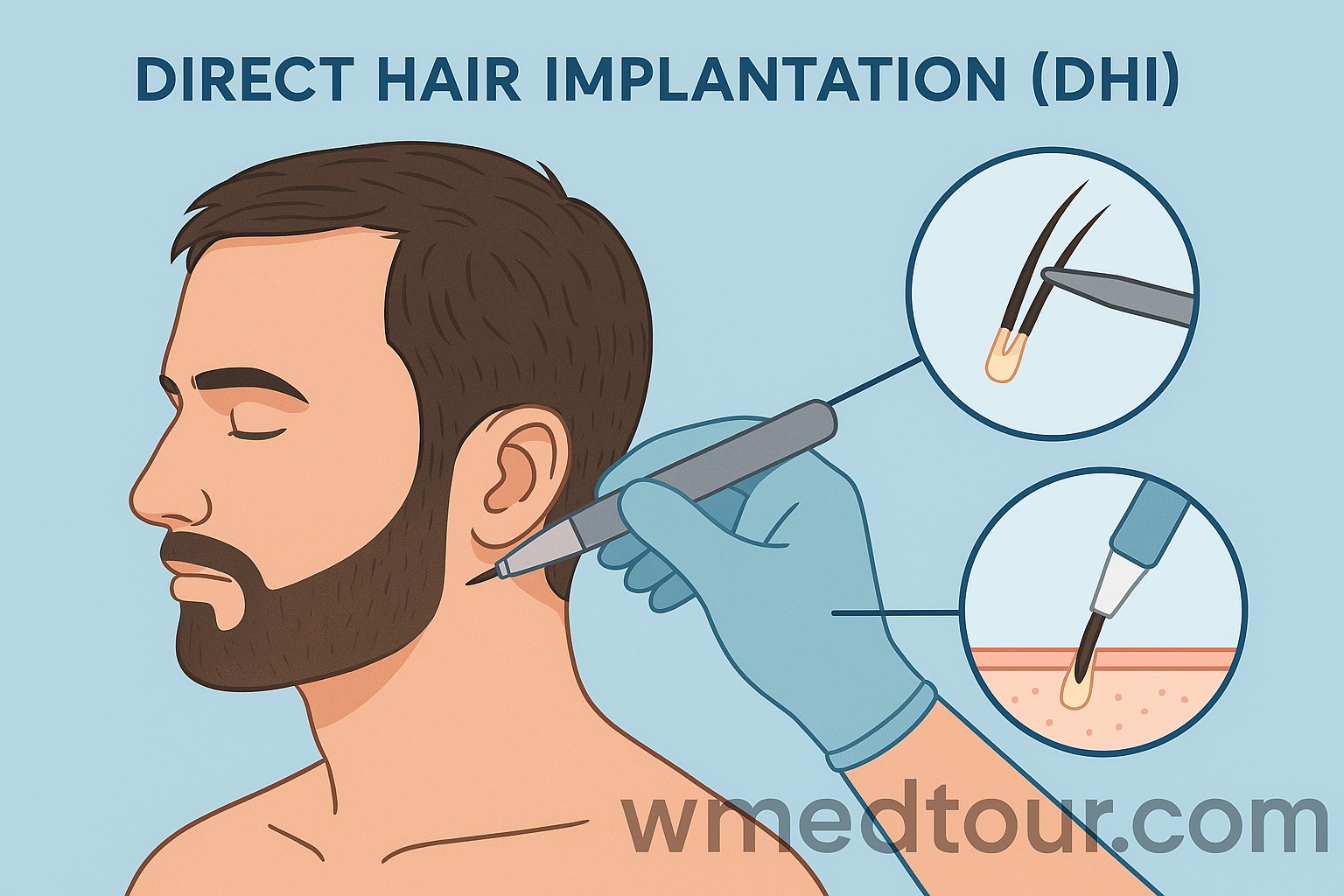 Illustration of Direct Hair Implantation (DHI) procedure showing implanter pen inserting hair follicles into a male patient's scalp