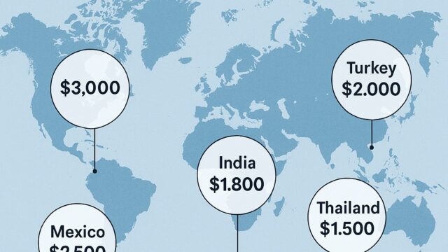 Infographic showing eyebrow transplant costs in 2025 across global regions including North America, Europe, Turkey, India, Thailand, and Mexico.