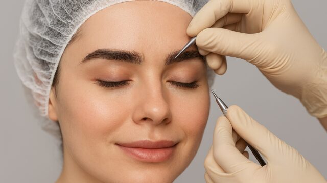 Close-up of a woman receiving an eyebrow transplant with a fine needle held by a gloved medical professional