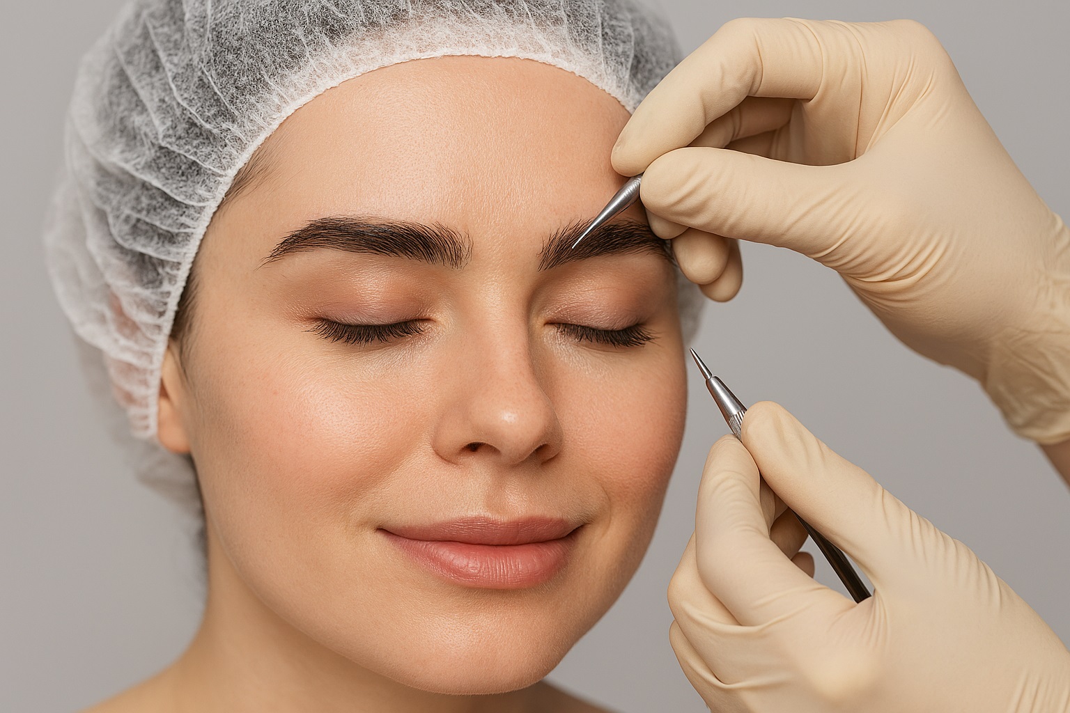 Close-up of a woman receiving an eyebrow transplant with a fine needle held by a gloved medical professional