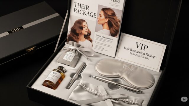 Female VIP Hair Transplant Package A close-up shot of a luxurious VIP hair transplant package for women, featuring a sleek black box with gold accents, a personalized brochure, a vial of hair serum, and an engraved pen.