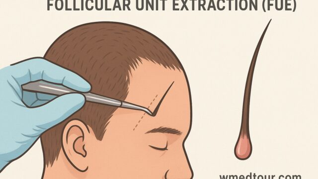 Close-up of FUE hair transplant procedure showing individual follicular units being extracted with a micro-punch tool.