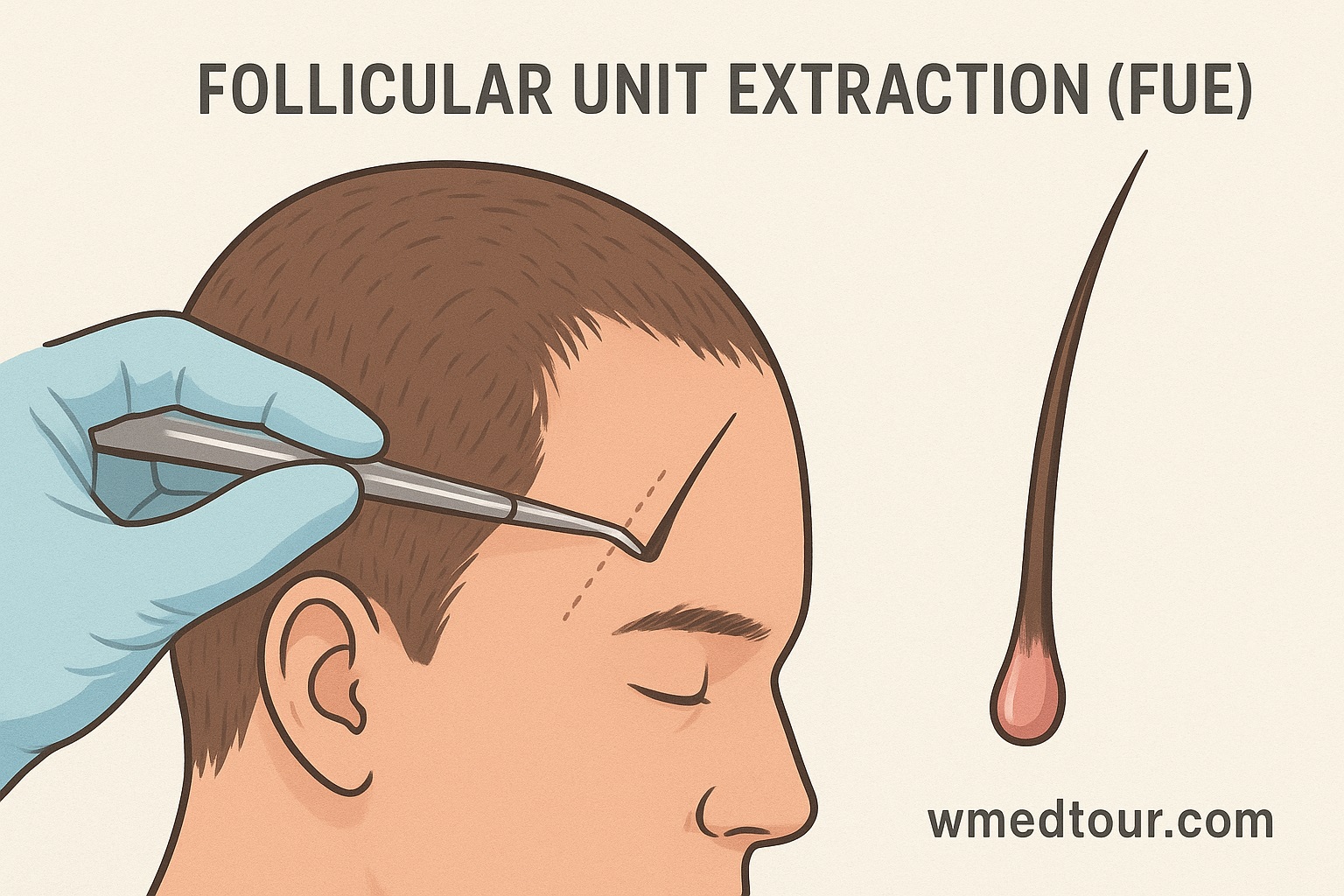Close-up of FUE hair transplant procedure showing individual follicular units being extracted with a micro-punch tool.