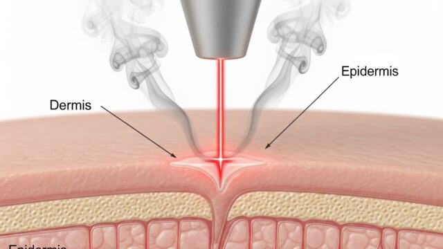 A close-up medical illustration of a full ablative CO2 laser treatment on human skin. A laser beam is shown vaporizing the top layer, creating columns of ablated tissue.