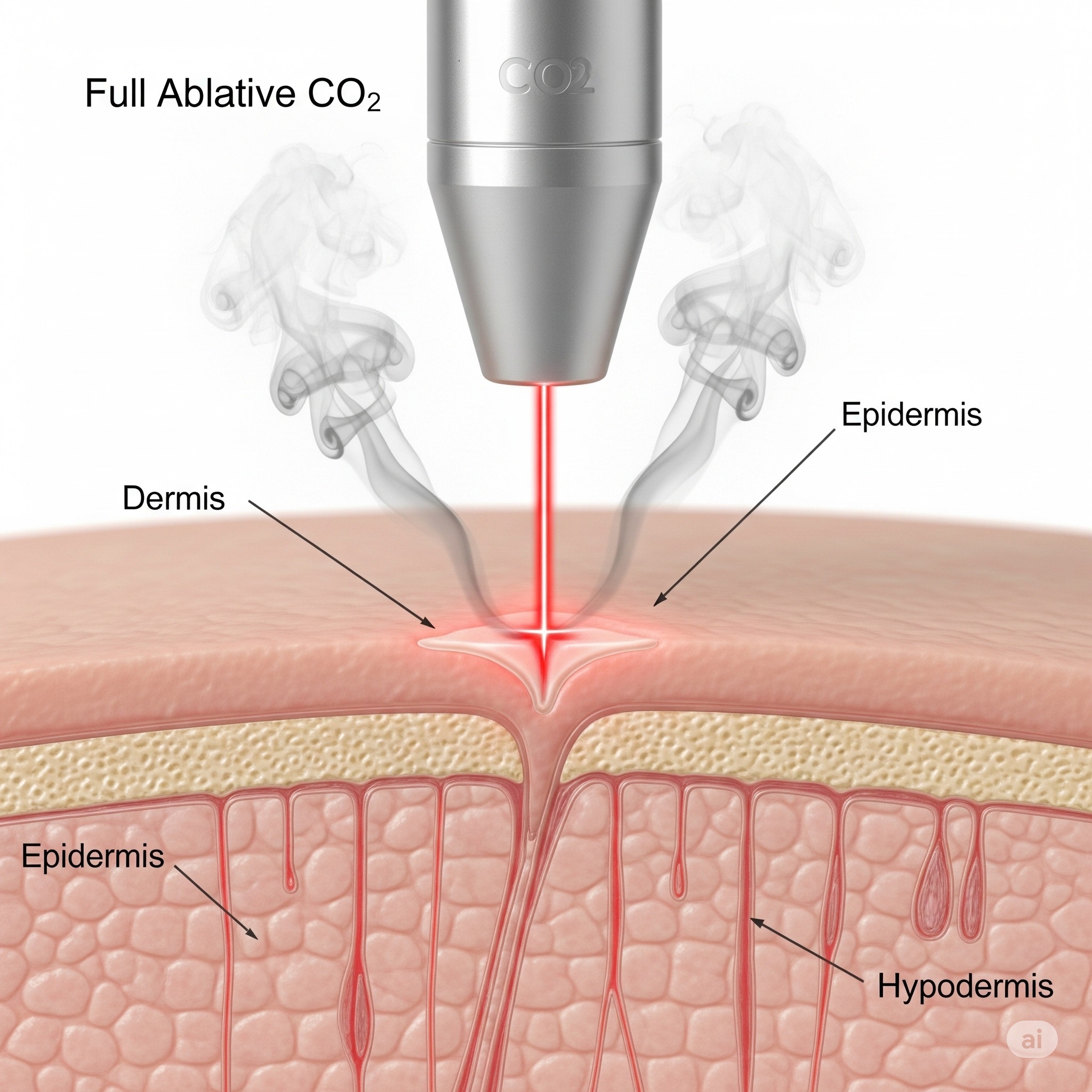 A close-up medical illustration of a full ablative CO2 laser treatment on human skin. A laser beam is shown vaporizing the top layer, creating columns of ablated tissue.